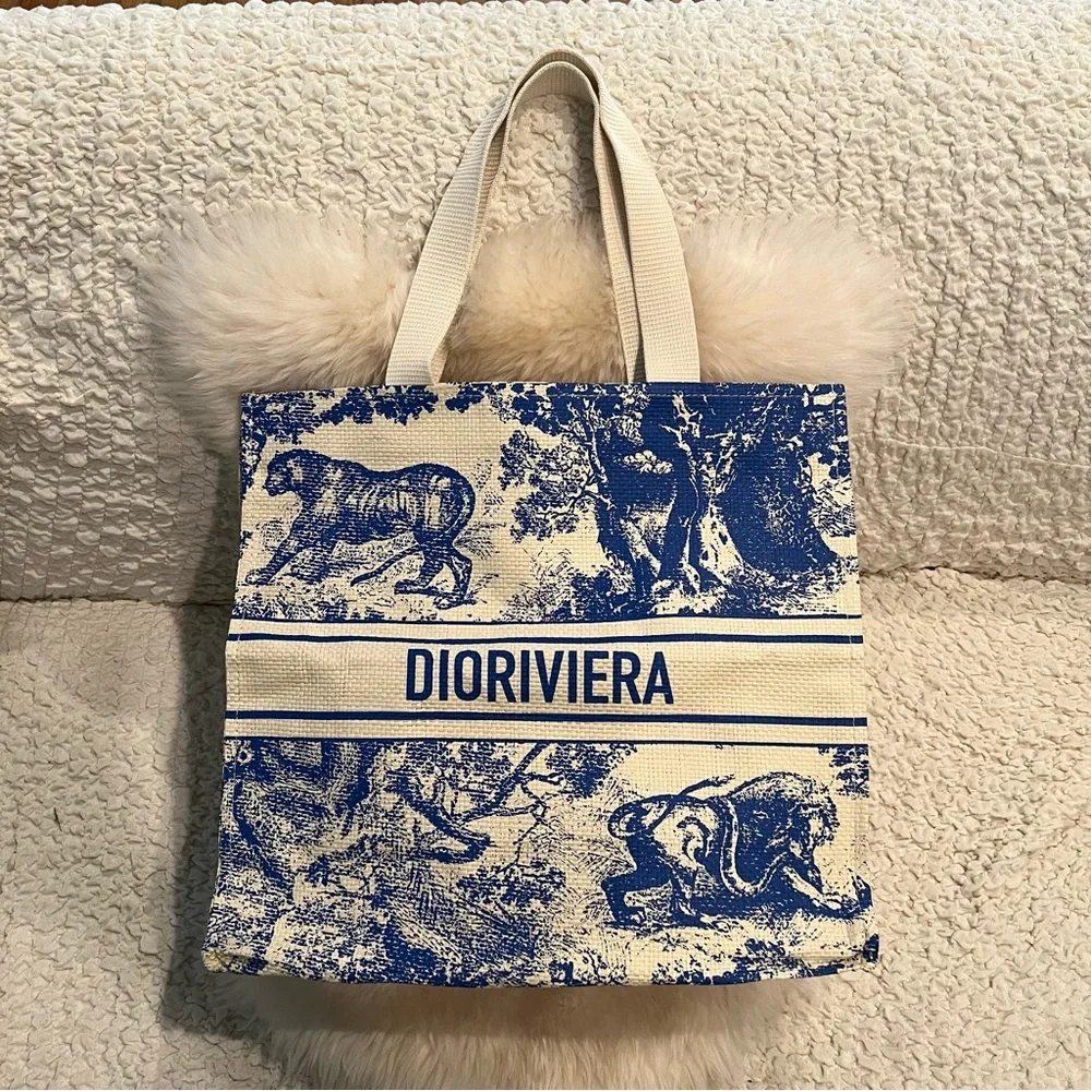 Dior Riviera Blue and White‎ Straw Tote Bag Beach Tote Bag Book Tote VIP Tote - Picture 3 of 11
